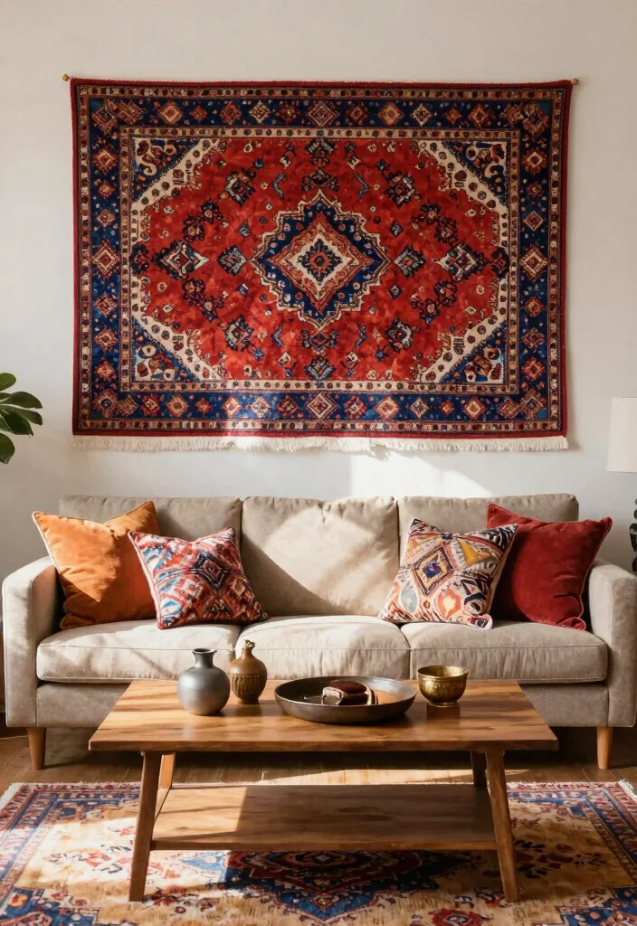 10 Above Sofa Wall Decor Ideas for Living Rooms 48 10 Above Sofa Wall Decor Ideas for Living Rooms 8. Vintage Rugs as Wall Decor 0