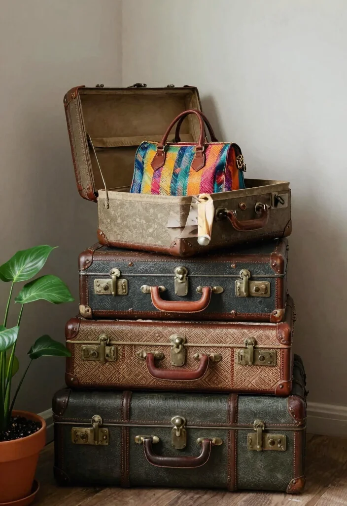 10 Bag Organization Ideas for Closets and Entryways 8. Repurposed Vintage Suitcases 0