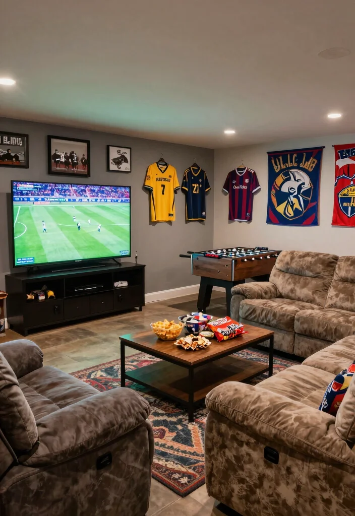 10 Basement Game Room Ideas for Family Fun 4. Sports Lounge 0