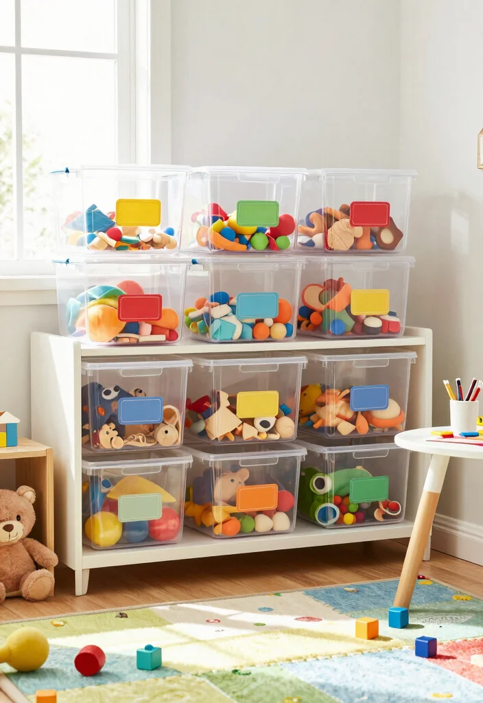 10 Toy Organization Ideas for Kid Friendly Homes 2. Clear Storage Bins 0
