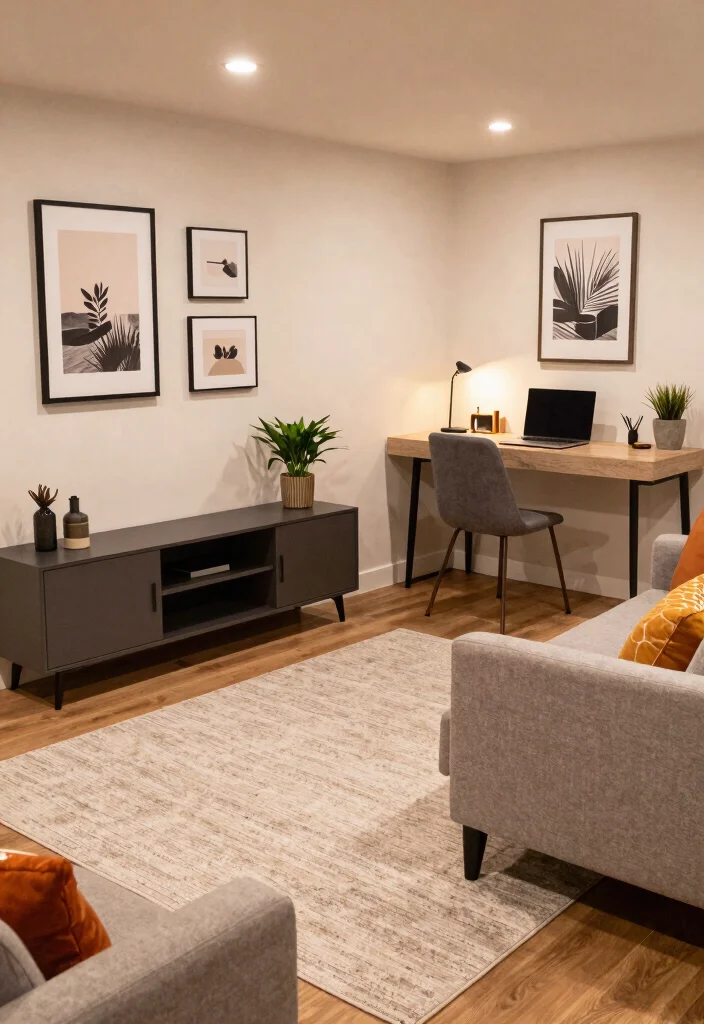 12 Basement Layout Ideas for Multi Purpose Spaces 3. Multi Functional Living Room and Office 0