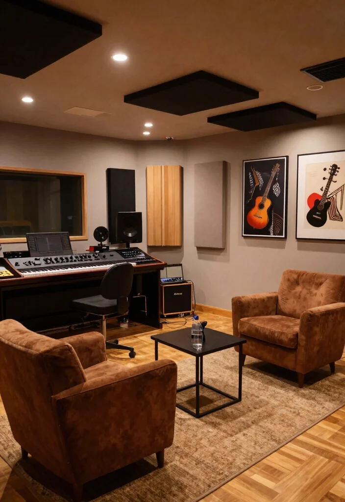 12 Basement Layout Ideas for Multi Purpose Spaces 6. Cozy Music Studio and Relaxation Space 0