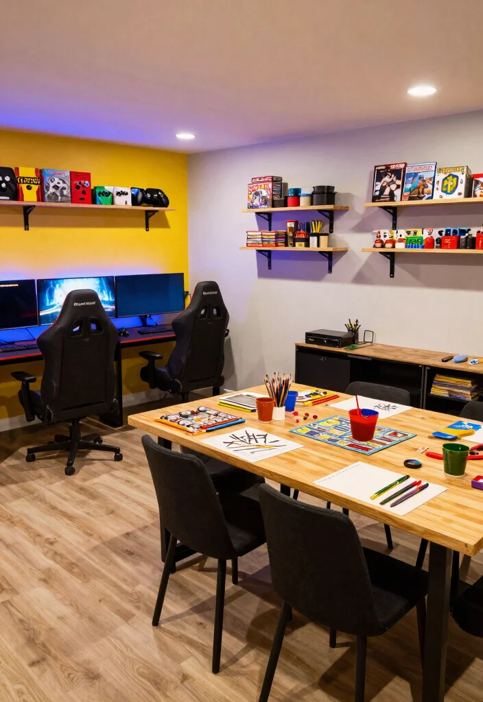 12 Basement Layout Ideas for Multi Purpose Spaces 7. Game Room and Creative Workspace 0