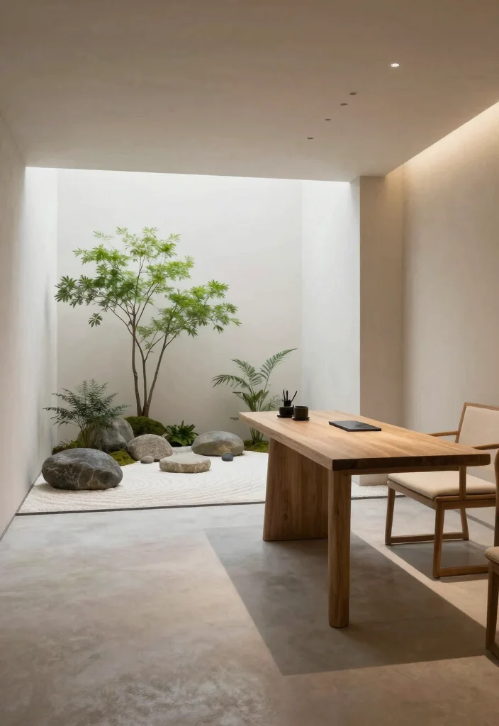 12 Basement Layout Ideas for Multi Purpose Spaces 8. Minimalist Office with Zen Garden 0