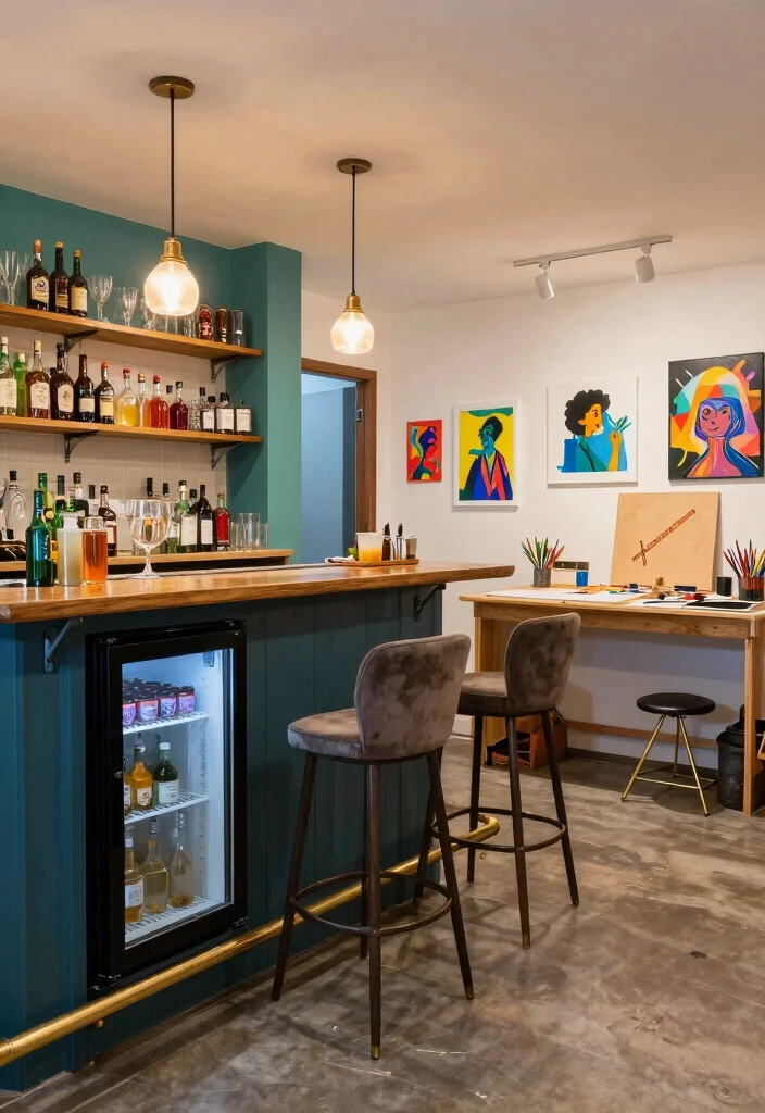 12 Basement Layout Ideas for Multi Purpose Spaces 9. Stylish Bar and Creative Studio 0