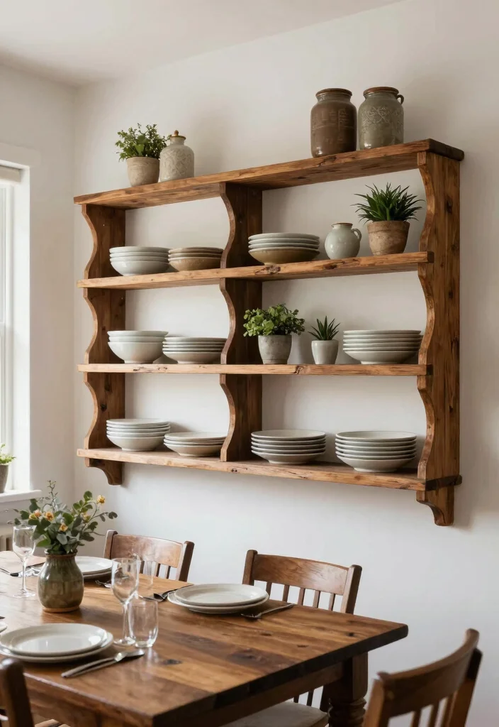 12 Dining Wall Decor Ideas for Elegant Interiors 2. Rustic Wooden Shelves 0