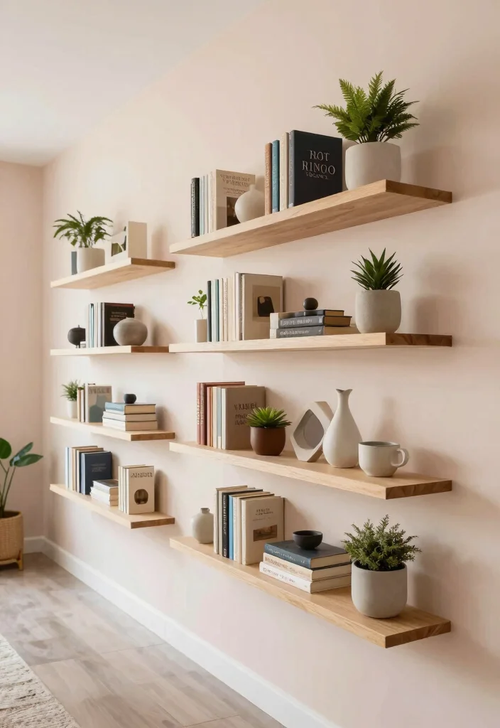 12 Hall Wall Decor Ideas for Long Corridors 6. Floating Shelves for Display and Storage 0