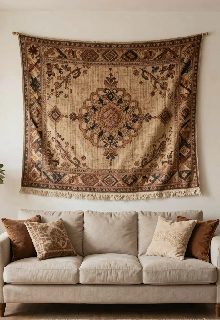 12 Large Living Room Wall Decor Ideas That Balance Space 10. Large Tapestries for Warmth 0