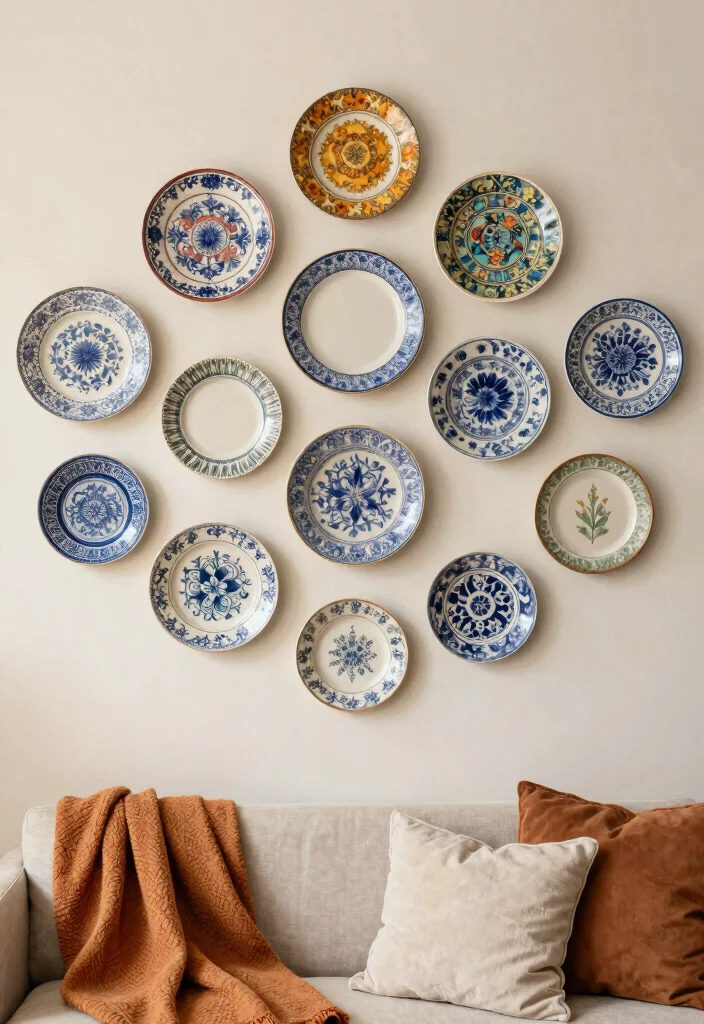 12 Living Room Wall Decor Ideas for a Finished Look 39 12 Living Room Wall Decor Ideas for a Finished Look 9. Vintage Plate Wall Display 0