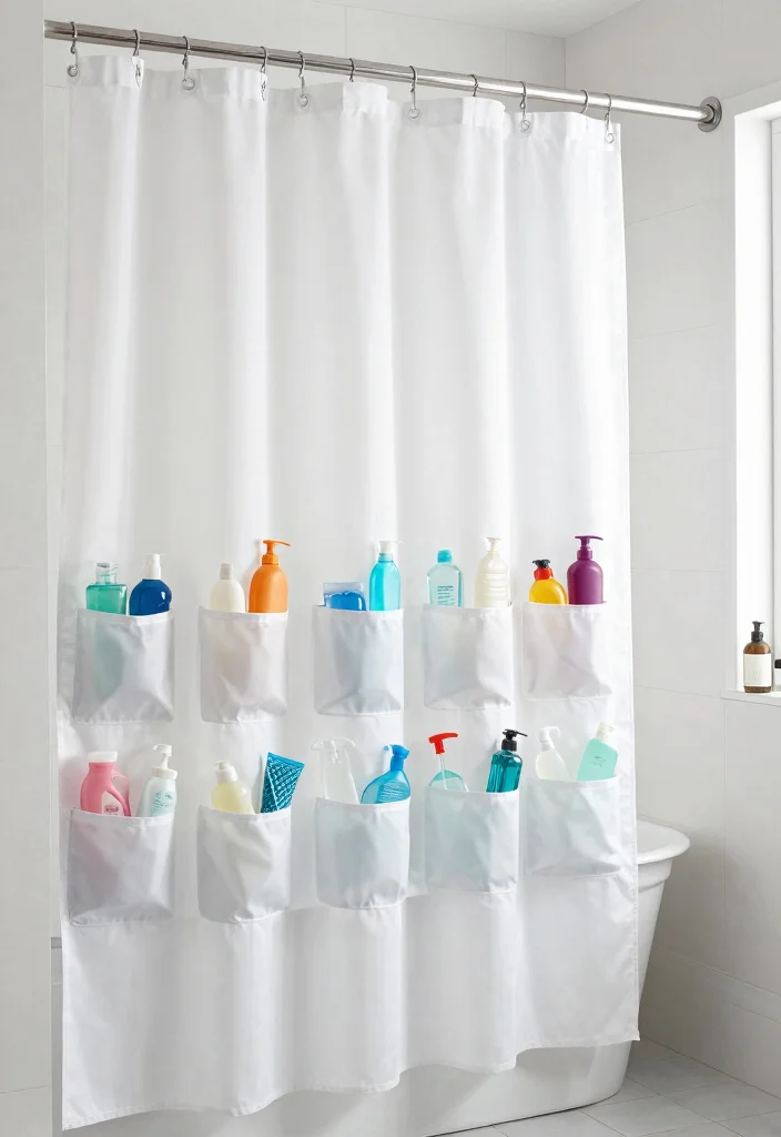 12 Shower Organization Ideas for Daily Convenience 10. Shower Curtain with Pockets 0