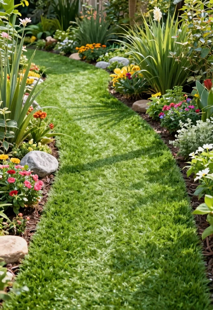 12 Turf Backyard Ideas for Low Maintenance Green Spaces 23 12 Turf Backyard Ideas for Low Maintenance Green Spaces 3. Eco Friendly Garden Path 0