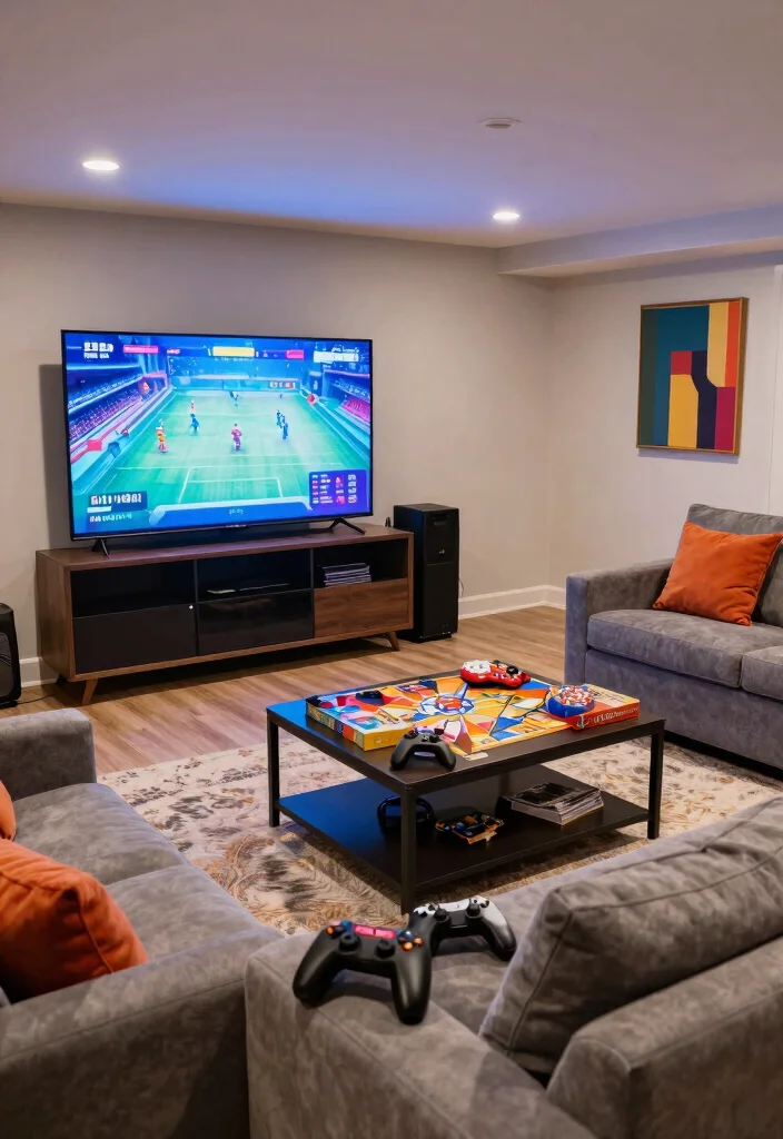 14 Basement TV Wall Ideas for Home Entertainment 53 14 Basement TV Wall Ideas for Home Entertainment 13. Interactive Games Area 0