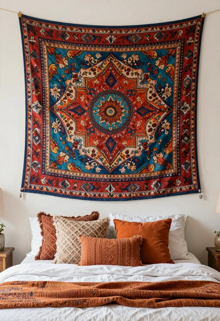 14 Bohemian Wall Decor Ideas for Bedroom Styling 25 14 Bohemian Wall Decor Ideas for Bedroom Styling 5. Tapestry as a Focal Point 0