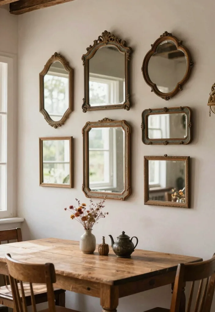 14 Dining Area Wall Decor Ideas for Visual Interest 2. Vintage Mirror Display 0