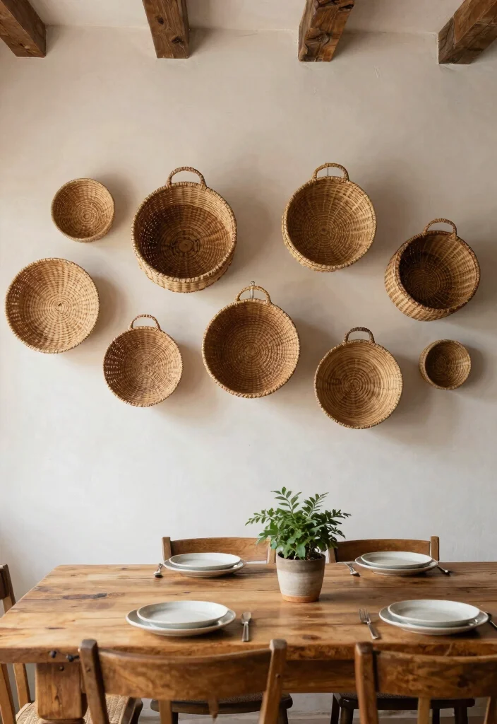 14 Dining Area Wall Decor Ideas for Visual Interest 4. Woven Wall Baskets 0