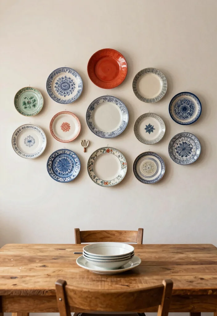 14 Dining Area Wall Decor Ideas for Visual Interest 7. Rustic Plate Wall Display 0