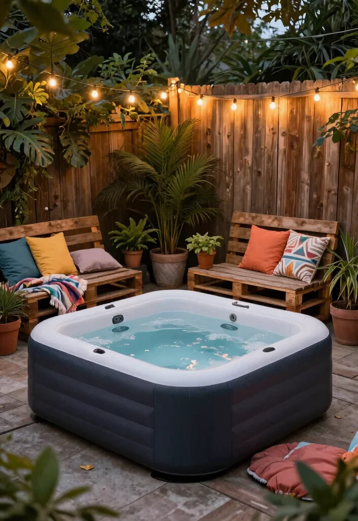 14 Inflatable Hot Tub Backyard Ideas for Small Outdoor Areas 51 14 Inflatable Hot Tub Backyard Ideas for Small Outdoor Areas 11. Rustic Charm with Pallets 0
