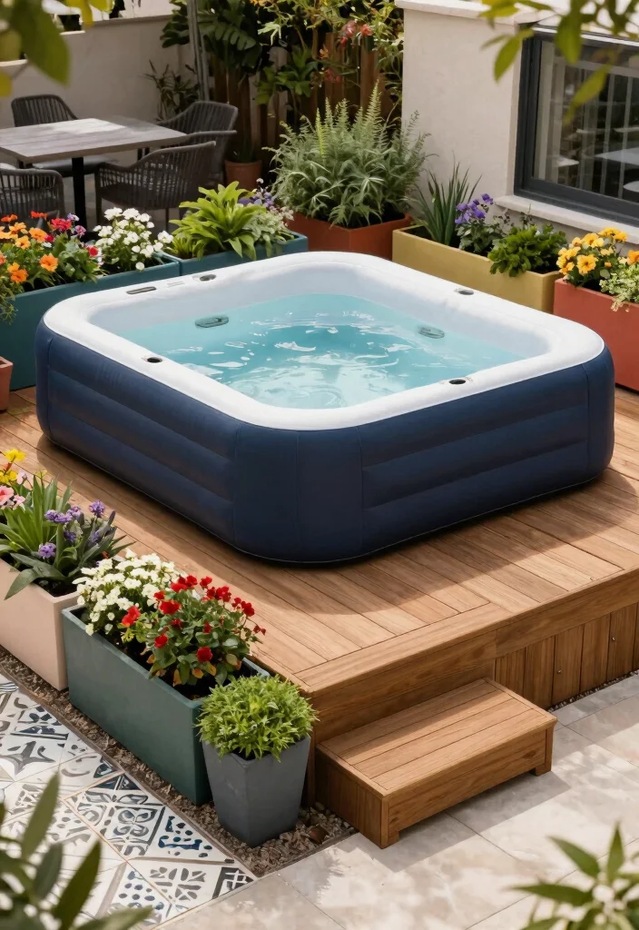 14 Inflatable Hot Tub Backyard Ideas for Small Outdoor Areas 2 14 Inflatable Hot Tub Backyard Ideas for Small Outdoor Areas 2. Elevated Deck Design 0