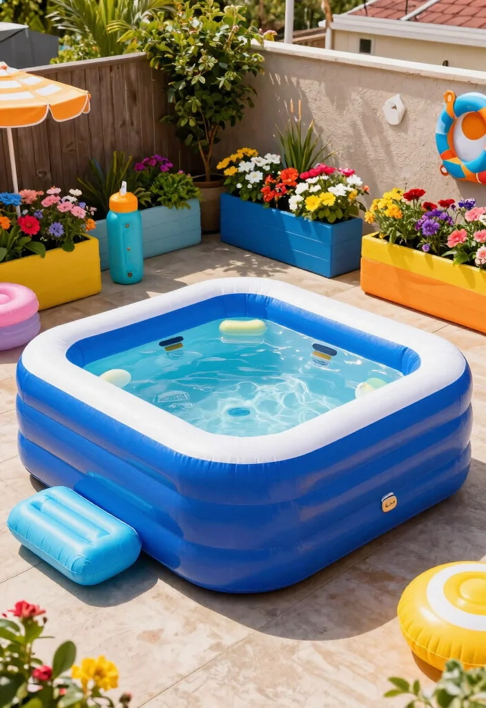 14 Inflatable Hot Tub Backyard Ideas for Small Outdoor Areas 14 14 Inflatable Hot Tub Backyard Ideas for Small Outdoor Areas 4. Playful Color Palette 0