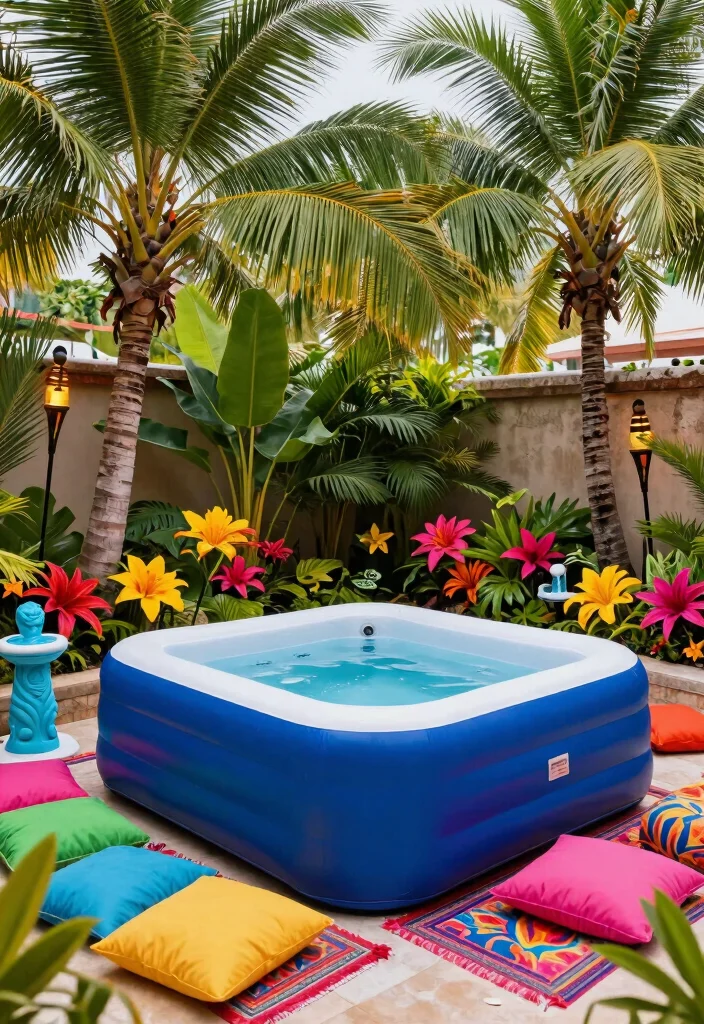 14 Inflatable Hot Tub Backyard Ideas for Small Outdoor Areas 39 14 Inflatable Hot Tub Backyard Ideas for Small Outdoor Areas 9. Tropical Paradise Theme 0