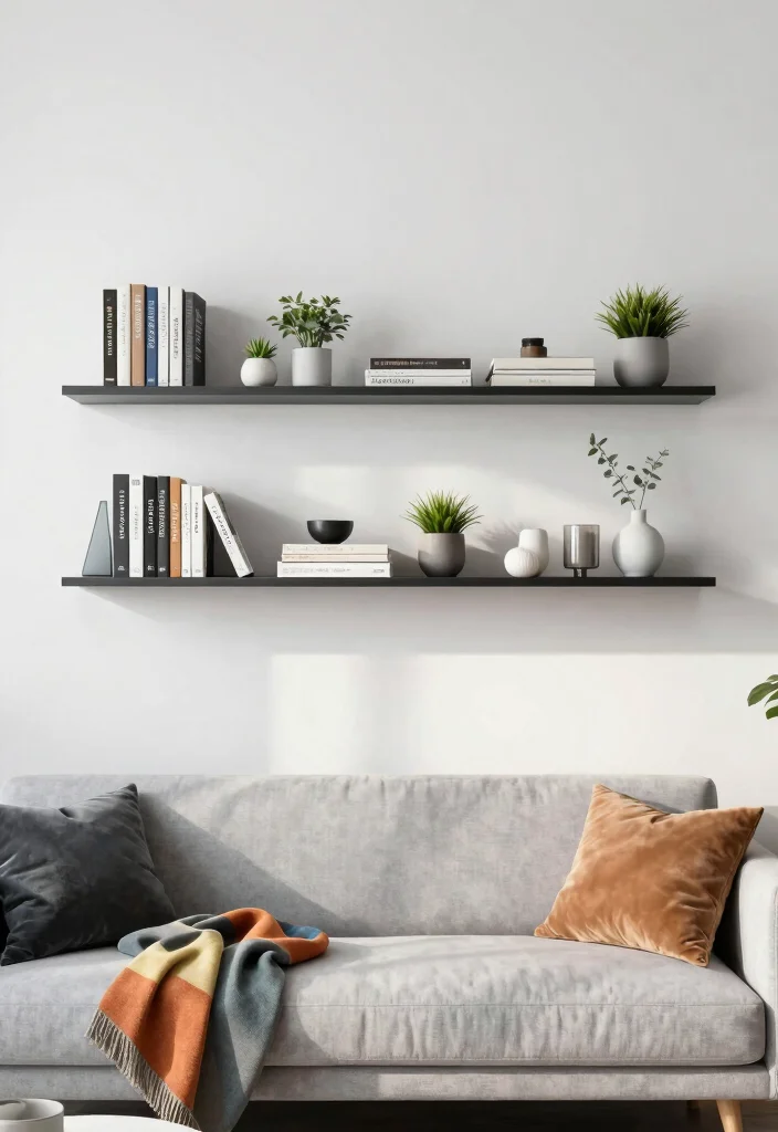 14 Living Room Wall Decor Ideas Above the Couch 13 14 Living Room Wall Decor Ideas Above the Couch 3. Floating Shelves 0