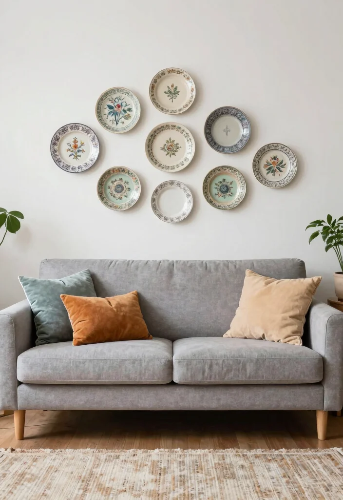 14 Living Room Wall Decor Ideas Above the Couch 16 14 Living Room Wall Decor Ideas Above the Couch 6. Vintage Plates or Baskets 0