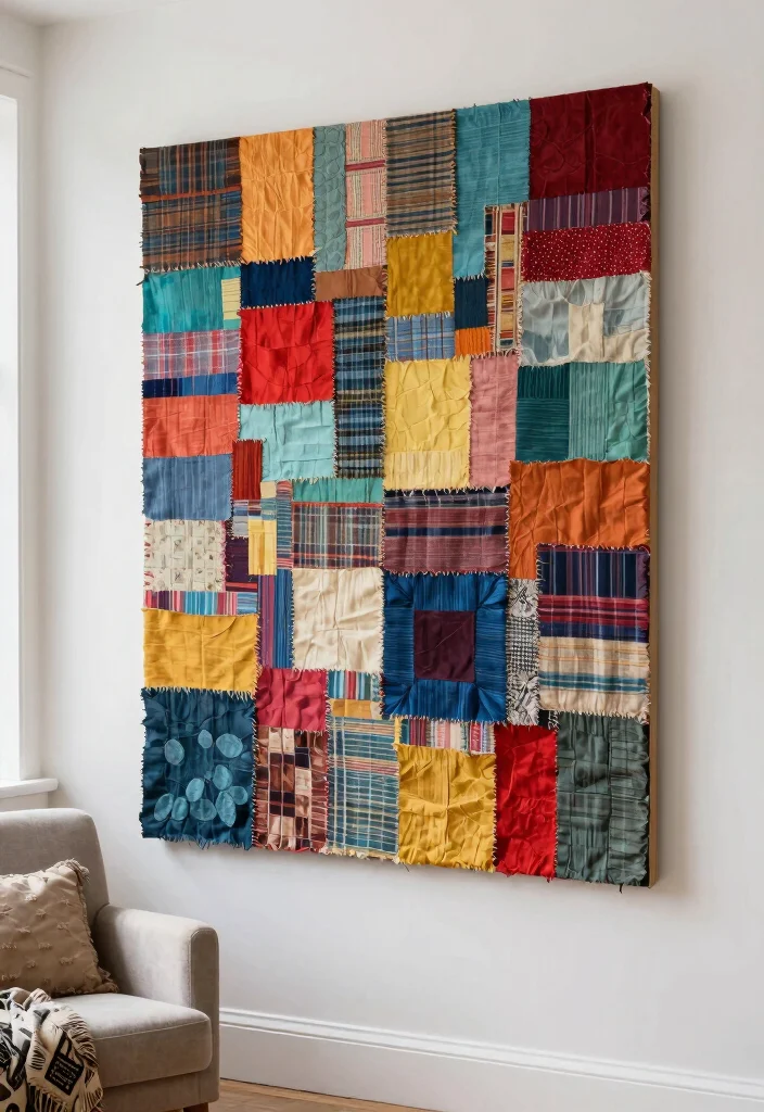 14 Room Wall Decor Ideas for Any Space 14. Upcycled Fabric Scrap Wall Collage 0