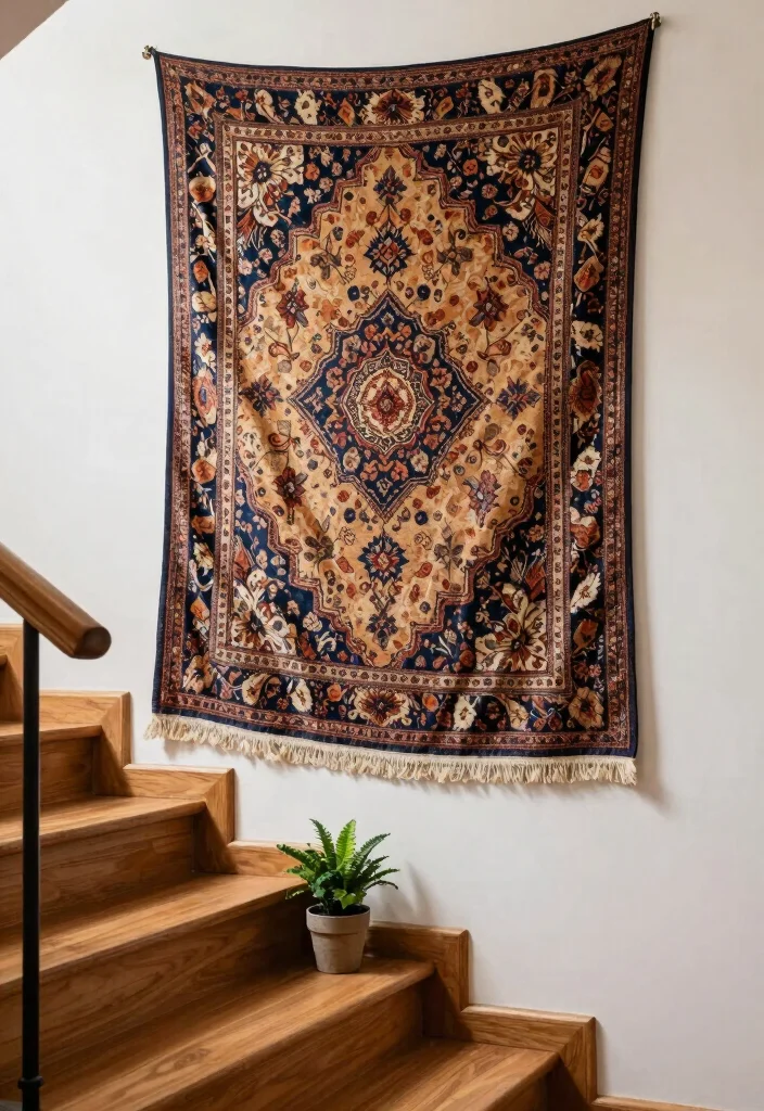 14 Stair Wall Decor Ideas for Vertical Spaces 14. Elegant Tapestry 0