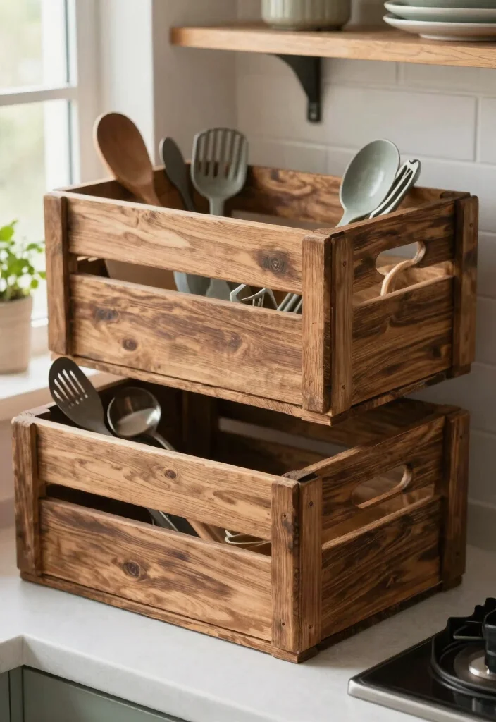 14 Utensil Organization Ideas for Kitchen Drawers 7. Wooden Crates for Open Storage 0