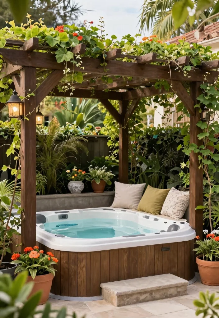 15 Backyard Hot Tub Ideas for a Private Spa Style Escape 11. Pergola Bliss 0