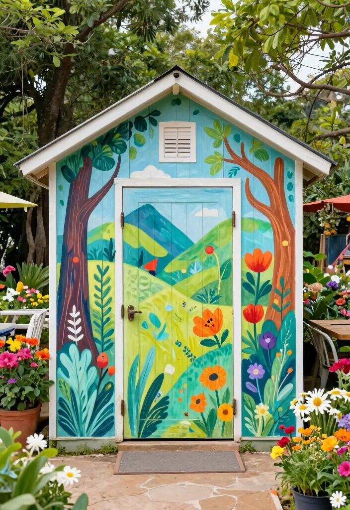 15 Backyard Shed Ideas for Storage and Outdoor Style 15. Artistic Mural Shed 0