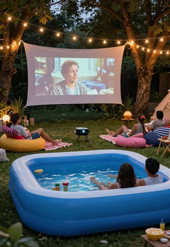 16 Inflatable Pool Backyard Ideas for Easy Summer Fun 4 16 Inflatable Pool Backyard Ideas for Easy Summer Fun 4. Cozy Movie Night Setup 0