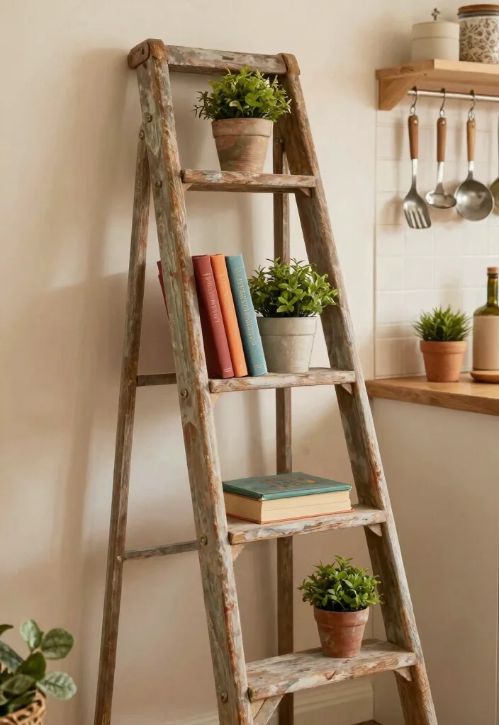 16 Kitchen Wall Decor Ideas to Add Personality 12. Vintage Ladder Display 0