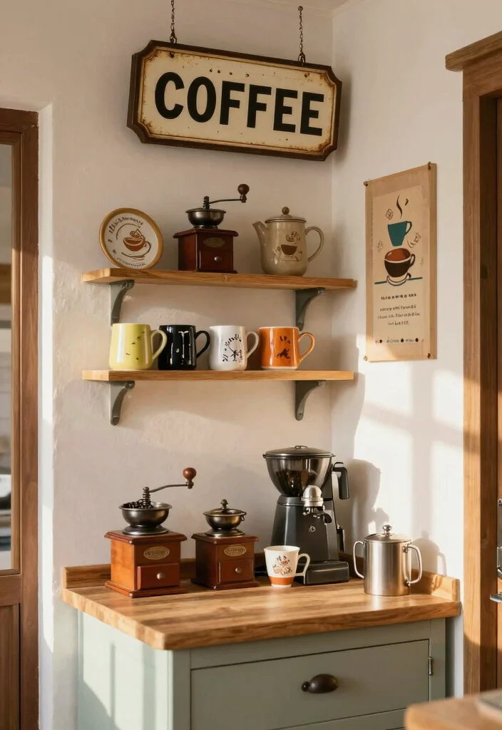 16 Kitchen Wall Decor Ideas to Add Personality 7. Vintage Coffee Station 0