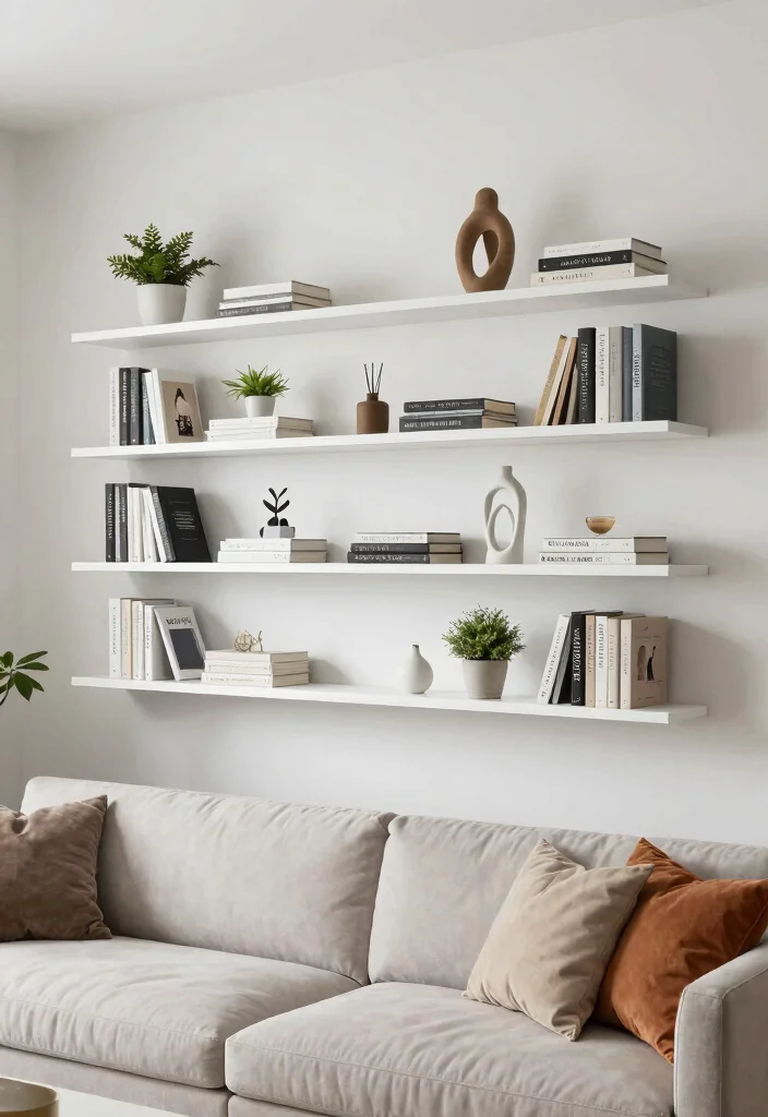 18 Aesthetic Wall Decor Ideas for Modern Homes 8. Floating Shelves 0
