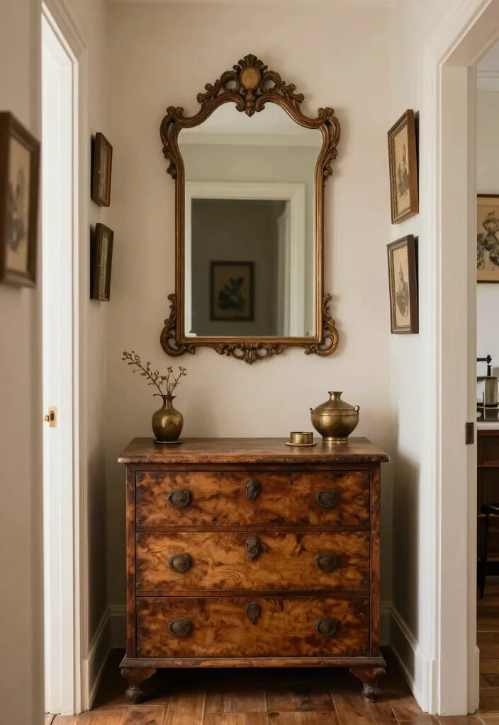 18 Entry Wall Decor Ideas for Strong First Impressions 11. Vintage Accents for Timeless Charm 0
